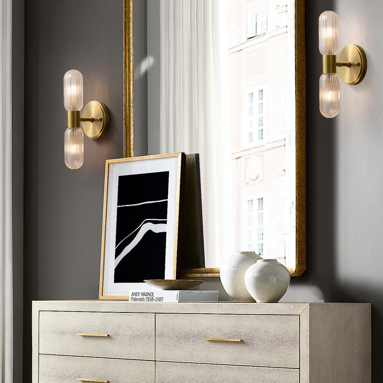 Modern Luxury Copper And Glass Cylinder Diamond Texture 2-Light Wall Sconce Lamp For Living Room And Bedroom