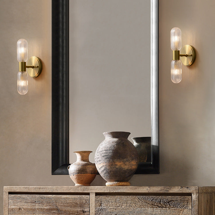 Modern Luxury Copper And Glass Cylinder Diamond Texture 2-Light Wall Sconce Lamp For Living Room And Bedroom