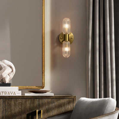 Modern Luxury Copper And Glass Cylinder Diamond Texture 2-Light Wall Sconce Lamp For Living Room And Bedroom