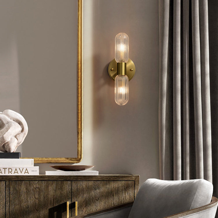 Modern Luxury Copper And Glass Cylinder Diamond Texture 2-Light Wall Sconce Lamp For Living Room And Bedroom