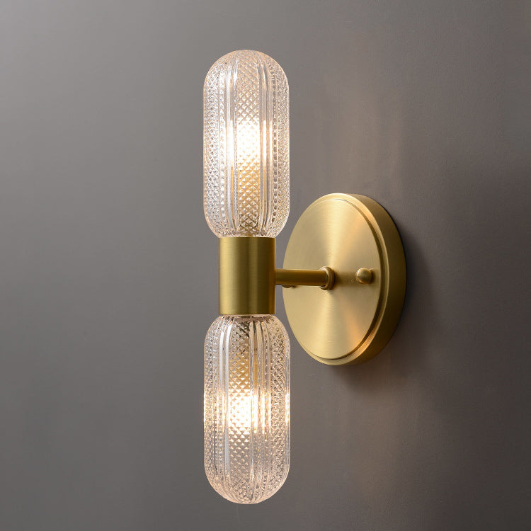 Modern Luxury Copper And Glass Cylinder Diamond Texture 2-Light Wall Sconce Lamp For Living Room And Bedroom