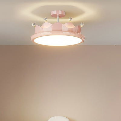 Contemporary Creative Iron Crystal PE Round Crown LED Semi-Flush Mount Ceiling Light For Bedroom
