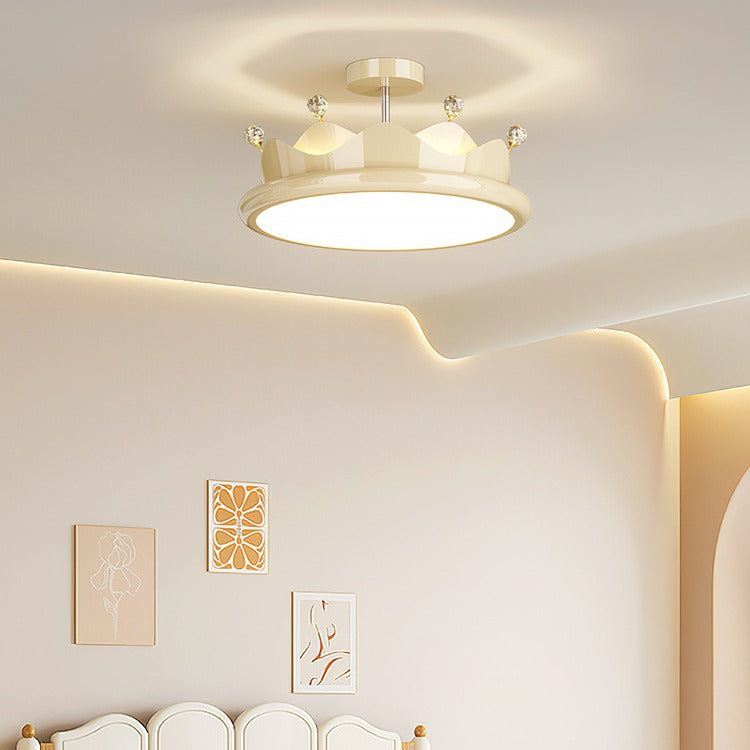 Contemporary Creative Iron Crystal PE Round Crown LED Semi-Flush Mount Ceiling Light For Bedroom