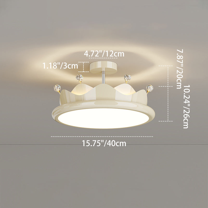 Contemporary Creative Iron Crystal PE Round Crown LED Semi-Flush Mount Ceiling Light For Bedroom