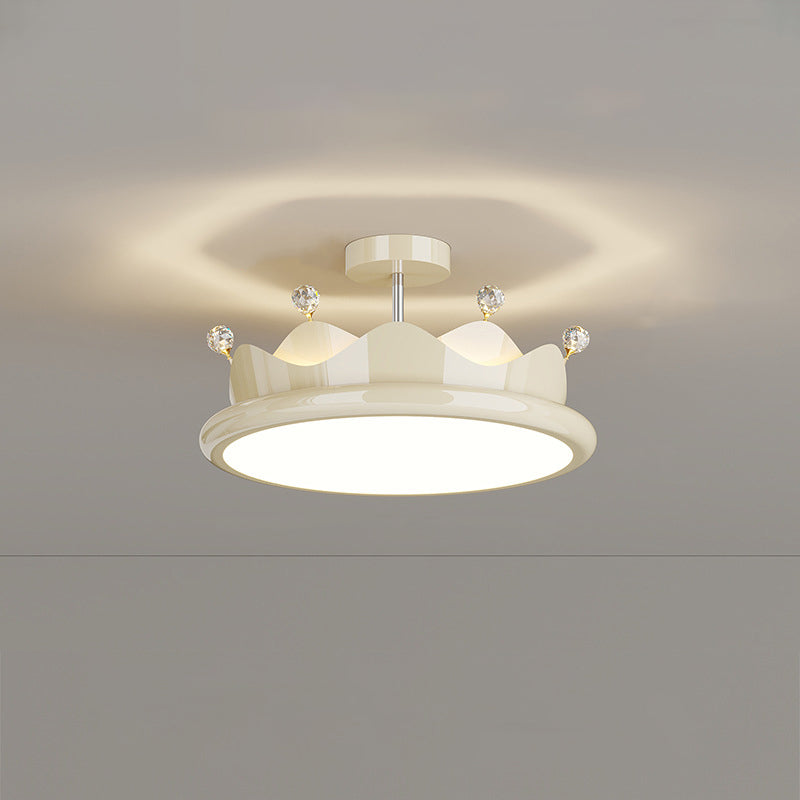 Contemporary Creative Iron Crystal PE Round Crown LED Semi-Flush Mount Ceiling Light For Bedroom