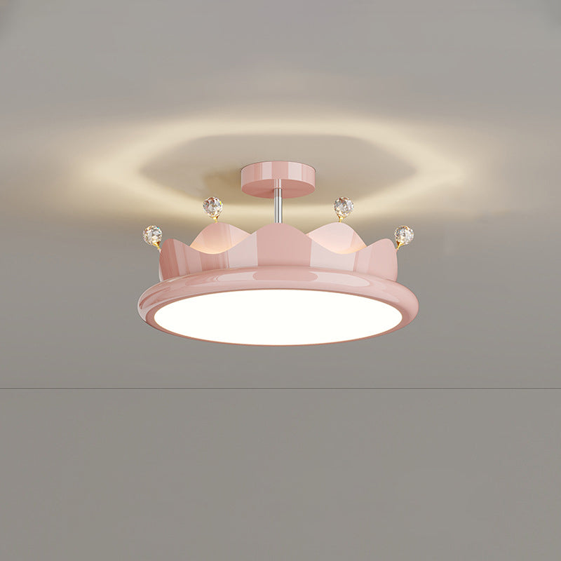 Contemporary Creative Iron Crystal PE Round Crown LED Semi-Flush Mount Ceiling Light For Bedroom