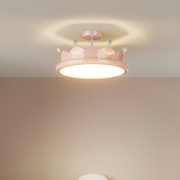 Contemporary Creative Iron Crystal PE Round Crown LED Semi-Flush Mount Ceiling Light For Bedroom