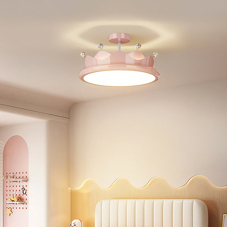 Contemporary Creative Iron Crystal PE Round Crown LED Semi-Flush Mount Ceiling Light For Bedroom