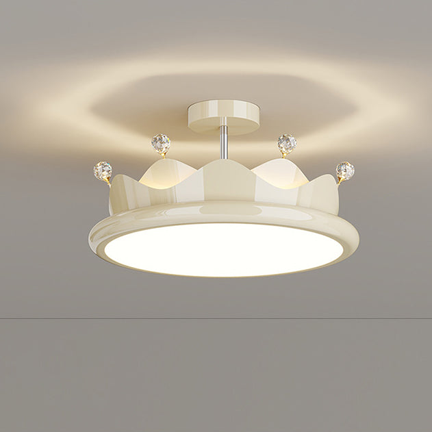 Contemporary Creative Iron Crystal PE Round Crown LED Semi-Flush Mount Ceiling Light For Bedroom
