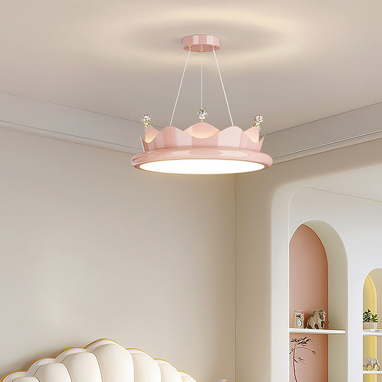 Contemporary Creative Iron Crystal PE Round Crown-Shaped LED Pendant Light For Bedroom