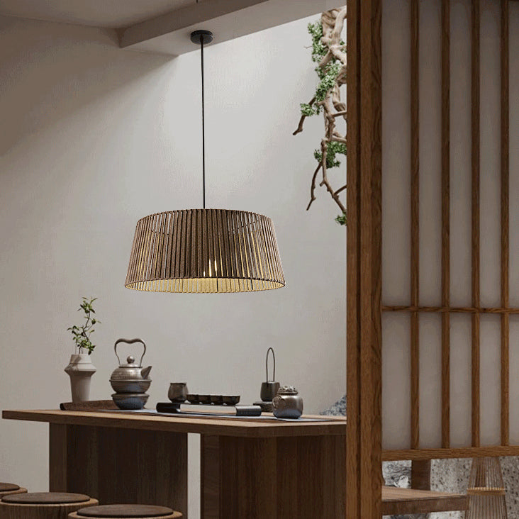 Traditional Chinese Iron Hemp Rope Round 1-Light Pendant Light For Living Room