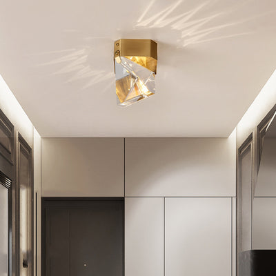 Modern Minimalist Full Copper Crystal Square Cut Multi-Faceted LED Flush Mount Ceiling Light For Bedroom
