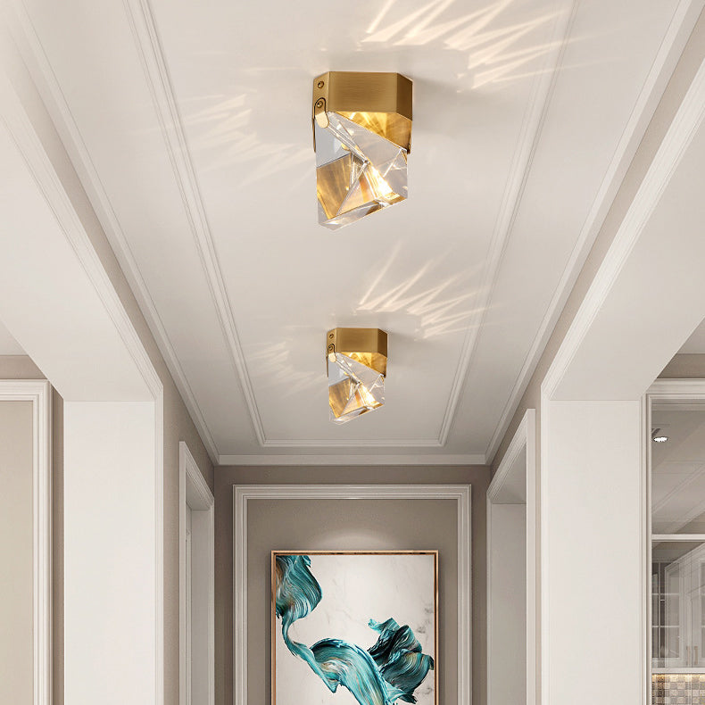 Modern Minimalist Full Copper Crystal Square Cut Multi-Faceted LED Flush Mount Ceiling Light For Bedroom