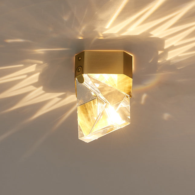 Modern Minimalist Full Copper Crystal Square Cut Multi-Faceted LED Flush Mount Ceiling Light For Bedroom