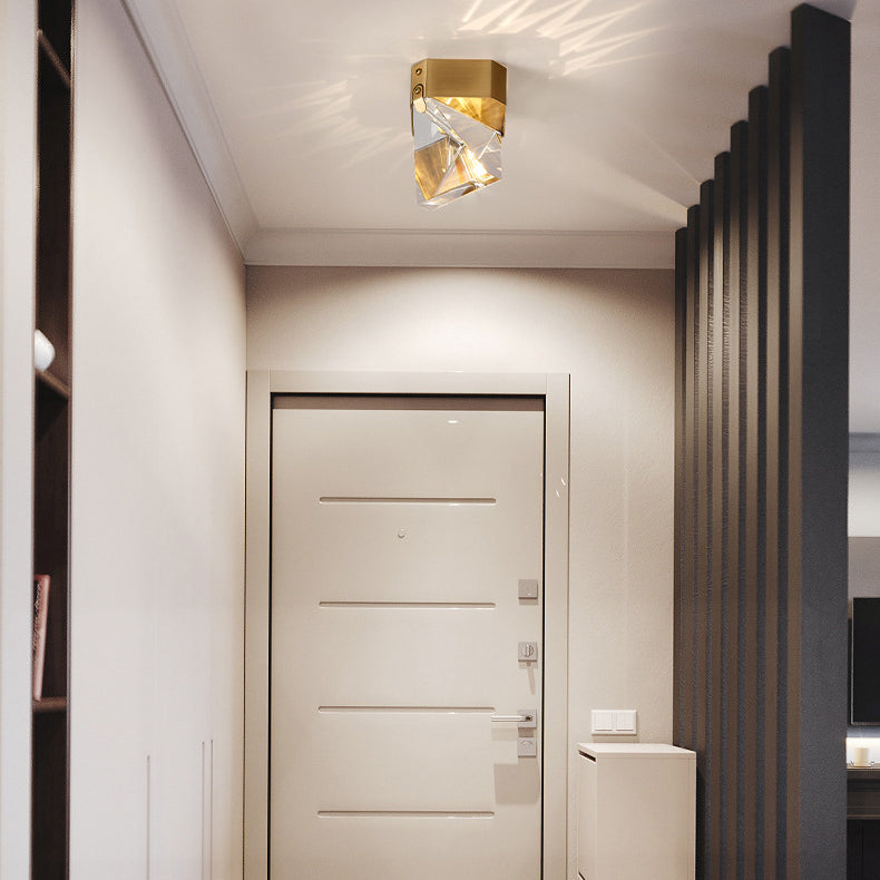 Modern Minimalist Full Copper Crystal Square Cut Multi-Faceted LED Flush Mount Ceiling Light For Bedroom