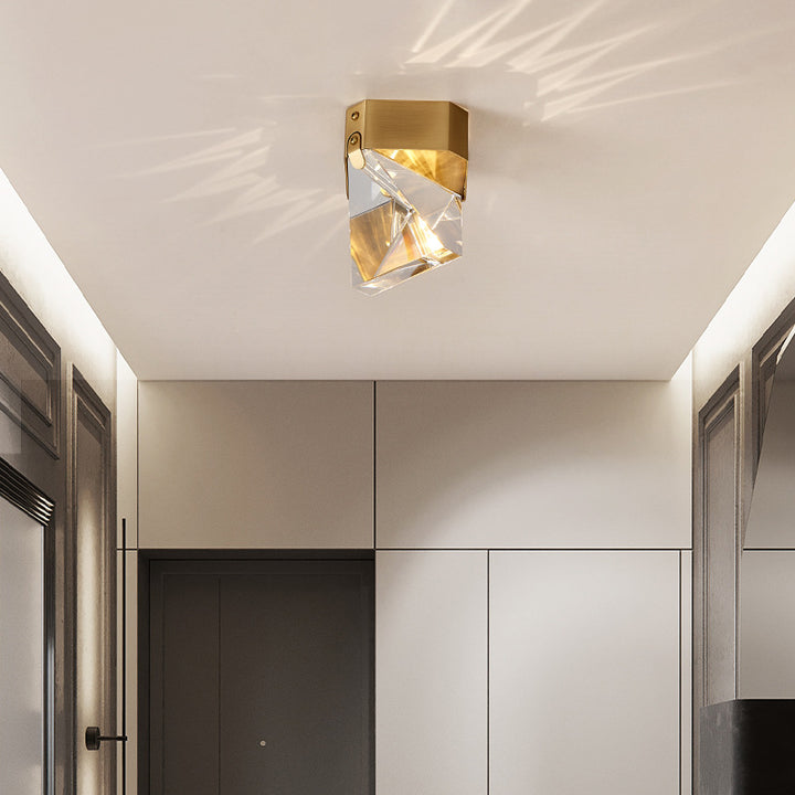 Modern Minimalist Full Copper Crystal Square Cut Multi-Faceted LED Flush Mount Ceiling Light For Bedroom