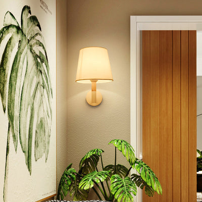 Modern Minimalist Iron Wood Fabric Round 1-Light Wall Sconce Lamp For Bedroom