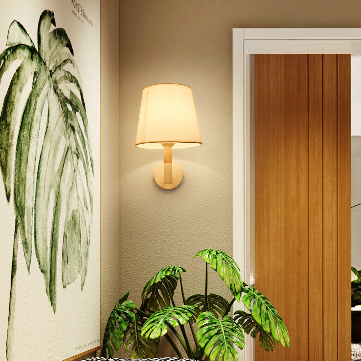Modern Minimalist Iron Wood Fabric Round 1-Light Wall Sconce Lamp For Bedroom