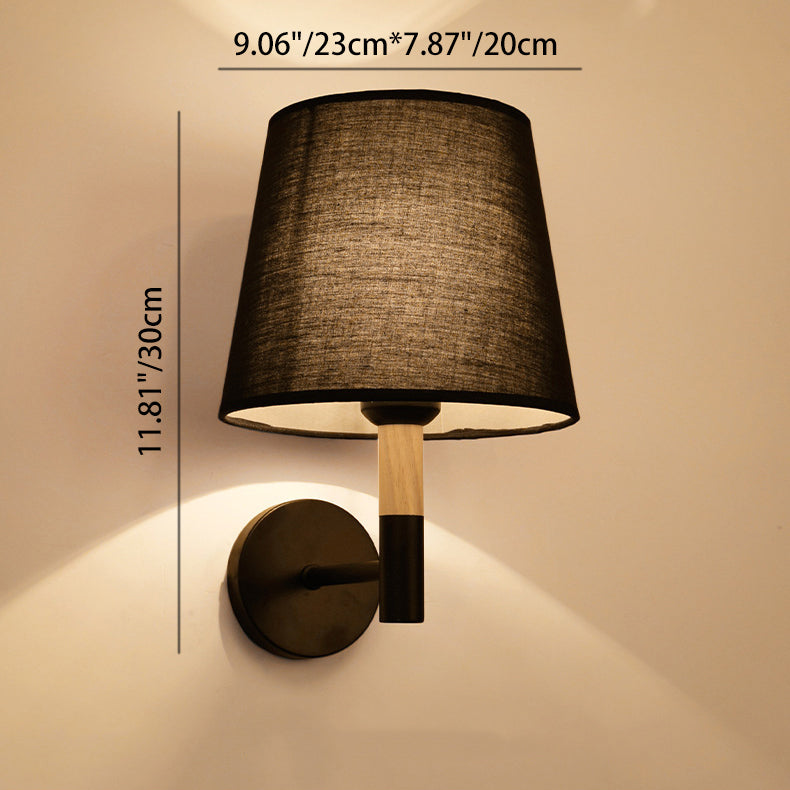 Modern Minimalist Iron Wood Fabric Round 1-Light Wall Sconce Lamp For Bedroom