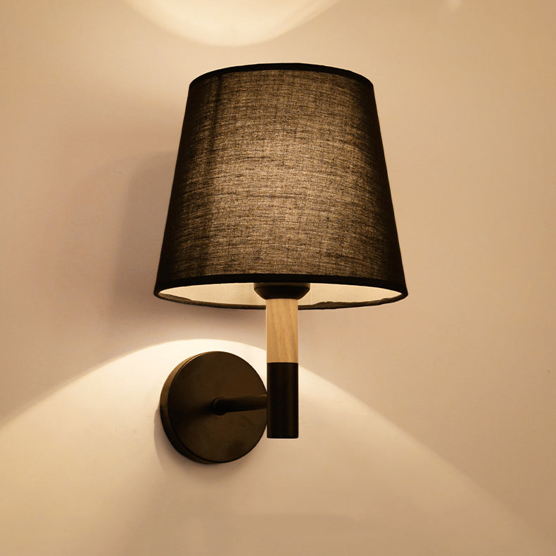 Modern Minimalist Iron Wood Fabric Round 1-Light Wall Sconce Lamp For Bedroom