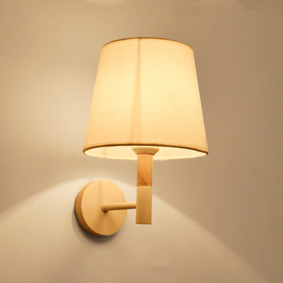 Modern Minimalist Iron Wood Fabric Round 1-Light Wall Sconce Lamp For Bedroom