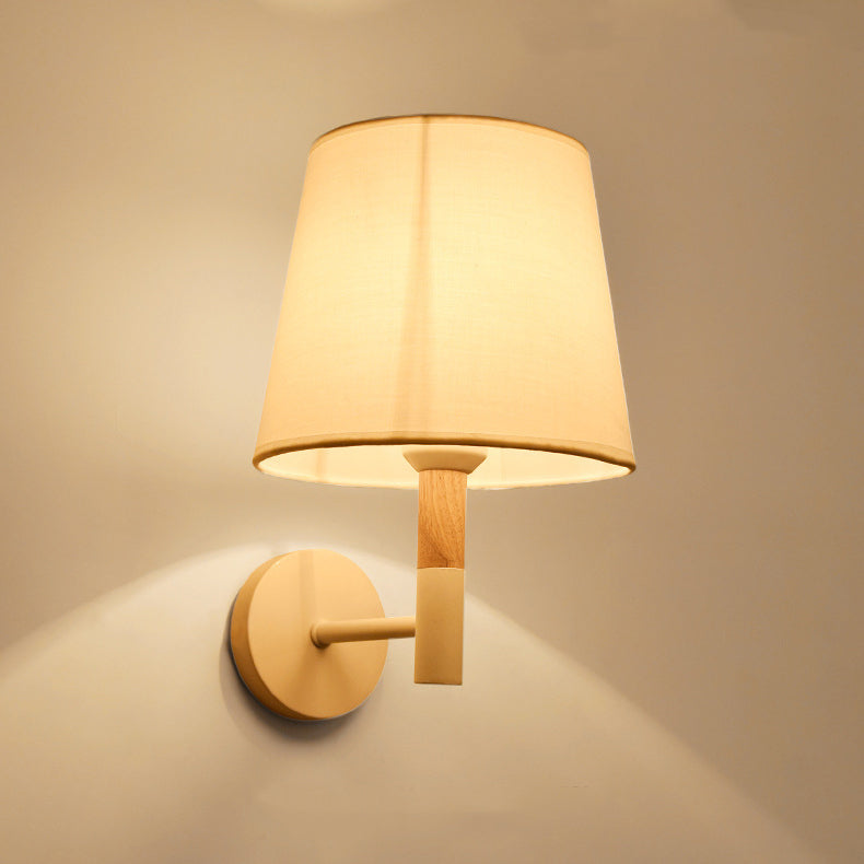 Modern Minimalist Iron Wood Fabric Round 1-Light Wall Sconce Lamp For Bedroom