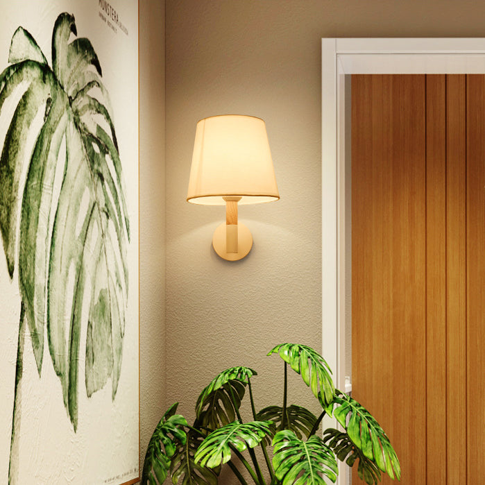 Modern Minimalist Iron Wood Fabric Round 1-Light Wall Sconce Lamp For Bedroom