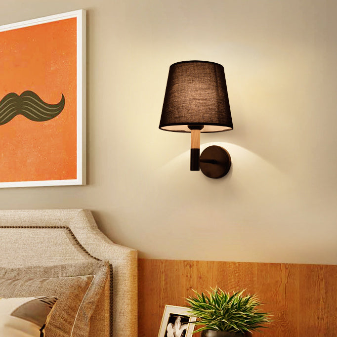 Modern Minimalist Iron Wood Fabric Round 1-Light Wall Sconce Lamp For Bedroom