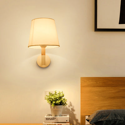 Modern Minimalist Iron Wood Fabric Round 1-Light Wall Sconce Lamp For Bedroom