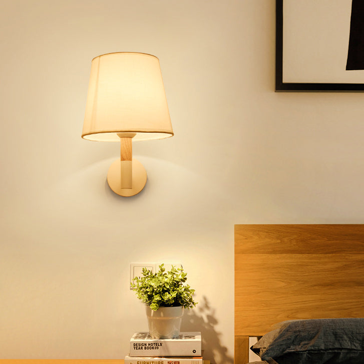 Modern Minimalist Iron Wood Fabric Round 1-Light Wall Sconce Lamp For Bedroom
