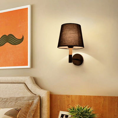 Modern Minimalist Iron Wood Fabric Round 1-Light Wall Sconce Lamp For Bedroom
