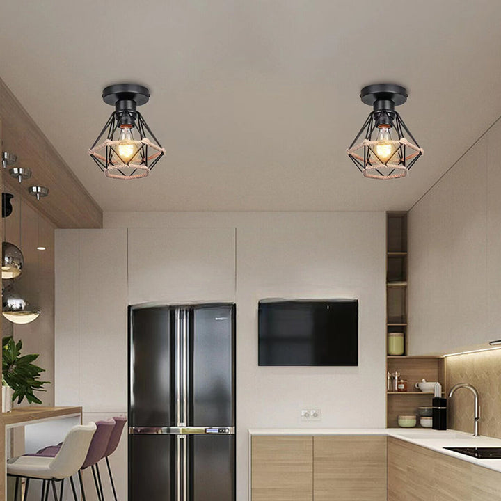 Luz de techo montada semiempotrada geométrica de 1 luz de cuerda de cáñamo de hierro minimalista moderna para sala de estar 