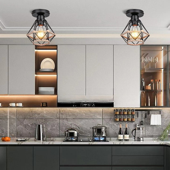 Luz de techo montada semiempotrada geométrica de 1 luz de cuerda de cáñamo de hierro minimalista moderna para sala de estar 