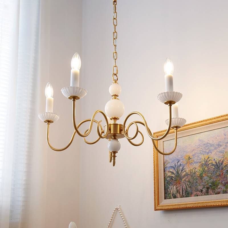 Traditional French Brass Glass Curved Rod Candelabra 3/5-Light Chandelier For Living Room