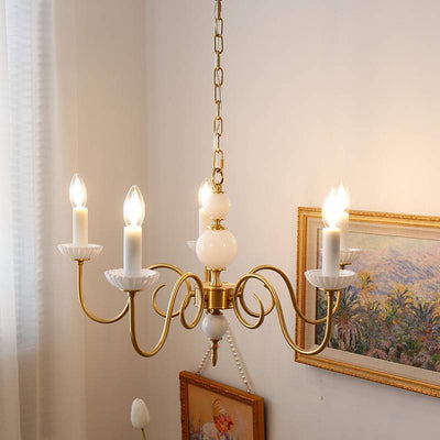 Traditional French Brass Glass Curved Rod Candelabra 3/5-Light Chandelier For Living Room