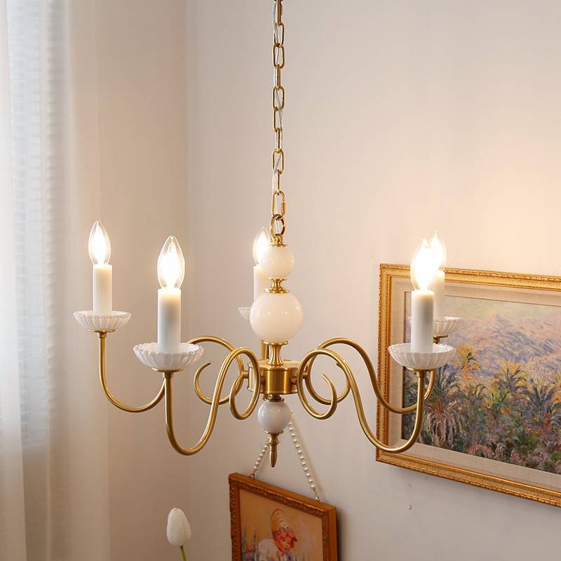 Traditional French Brass Glass Curved Rod Candelabra 3/5-Light Chandelier For Living Room