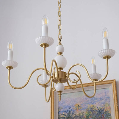 Traditional French Brass Glass Curved Rod Candelabra 3/5-Light Chandelier For Living Room