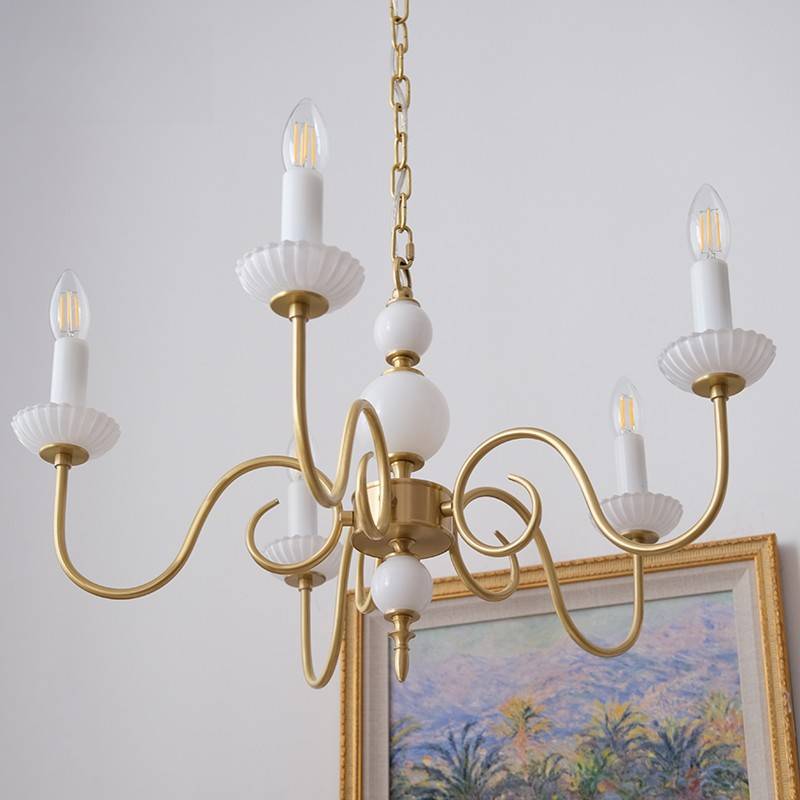 Traditional French Brass Glass Curved Rod Candelabra 3/5-Light Chandelier For Living Room