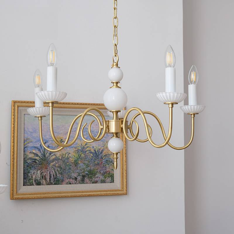 Traditional French Brass Glass Curved Rod Candelabra 3/5-Light Chandelier For Living Room