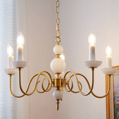 Traditional French Brass Glass Curved Rod Candelabra 3/5-Light Chandelier For Living Room