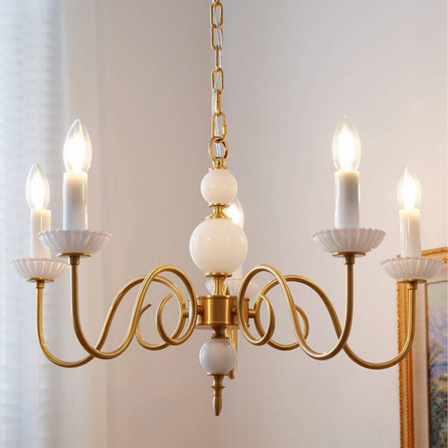 Traditional French Brass Glass Curved Rod Candelabra 3/5-Light Chandelier For Living Room