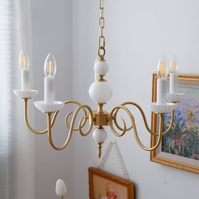 Traditional French Brass Glass Curved Rod Candelabra 3/5-Light Chandelier For Living Room