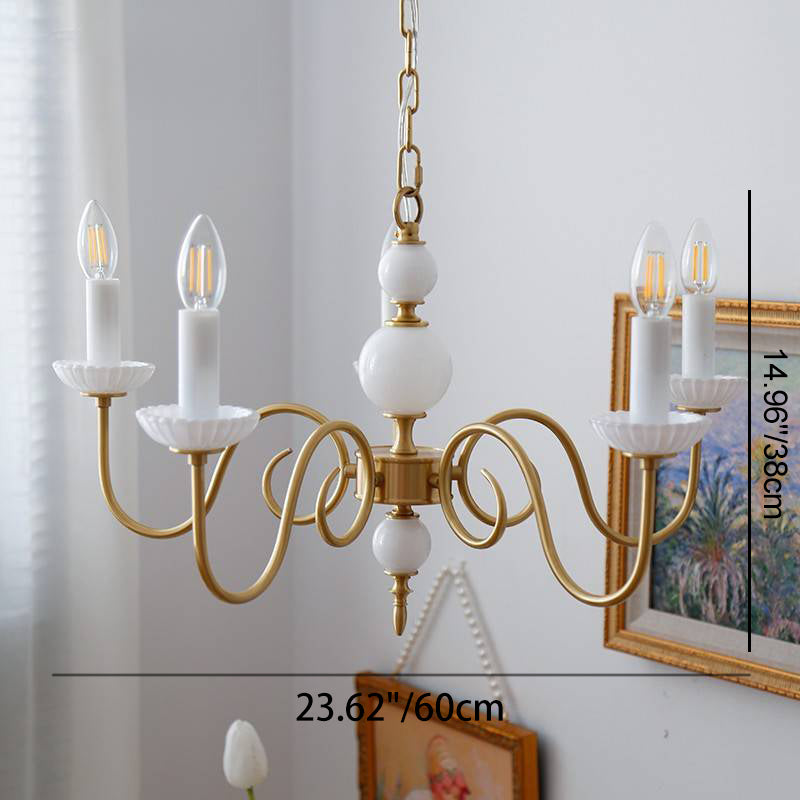Traditional French Brass Glass Curved Rod Candelabra 3/5-Light Chandelier For Living Room