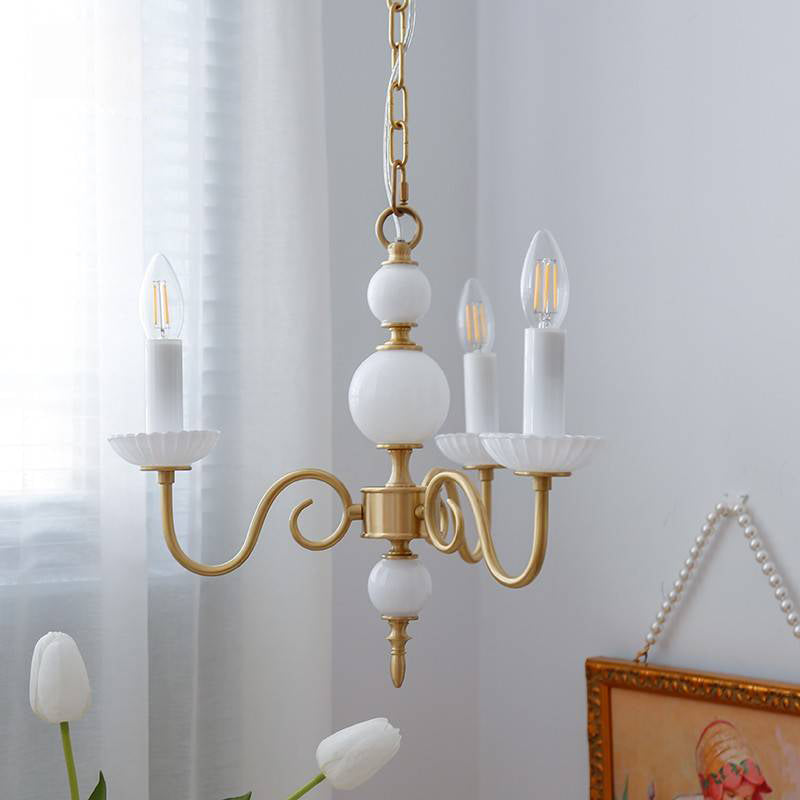 Traditional French Brass Glass Curved Rod Candelabra 3/5-Light Chandelier For Living Room