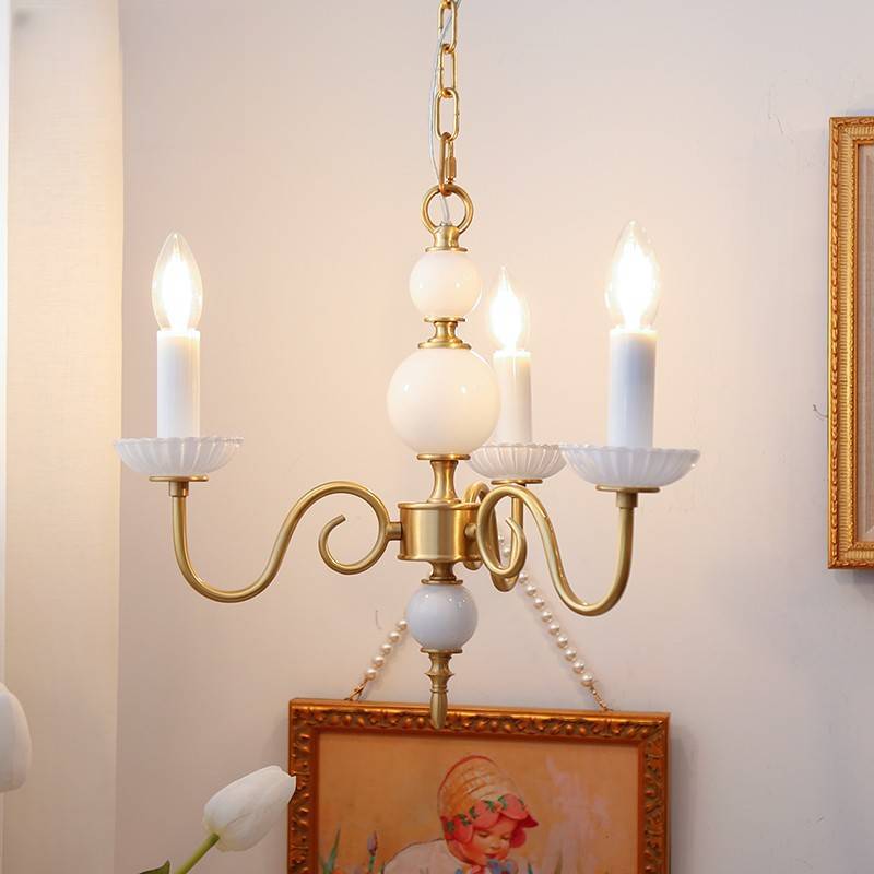 Traditional French Brass Glass Curved Rod Candelabra 3/5-Light Chandelier For Living Room