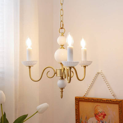 Traditional French Brass Glass Curved Rod Candelabra 3/5-Light Chandelier For Living Room