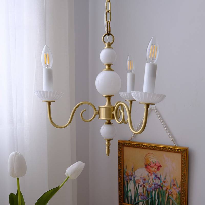 Traditional French Brass Glass Curved Rod Candelabra 3/5-Light Chandelier For Living Room