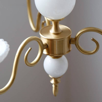 Traditional French Brass Glass Curved Rod Candelabra 3/5-Light Chandelier For Living Room