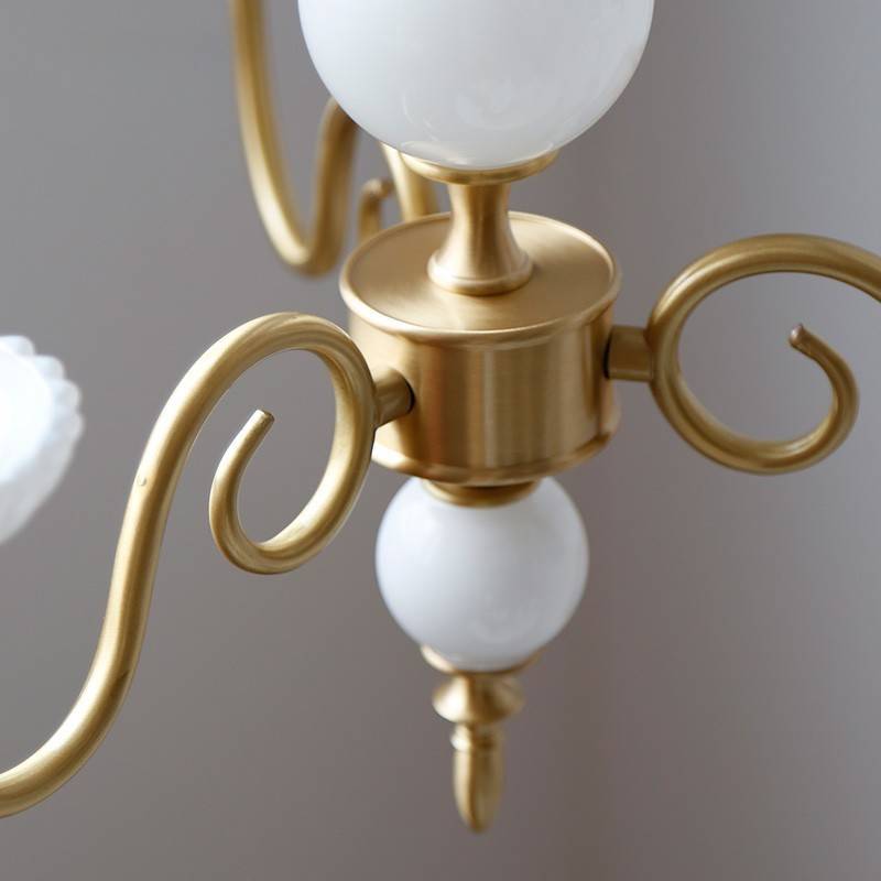 Traditional French Brass Glass Curved Rod Candelabra 3/5-Light Chandelier For Living Room