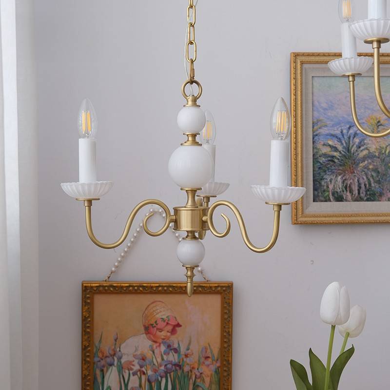 Traditional French Brass Glass Curved Rod Candelabra 3/5-Light Chandelier For Living Room
